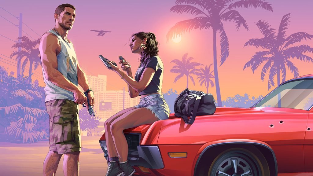 Jason y Lucia, los protagonistas, en un arte oficial de Rockstar: el juego que pediría unos 210 GB en la PS5.