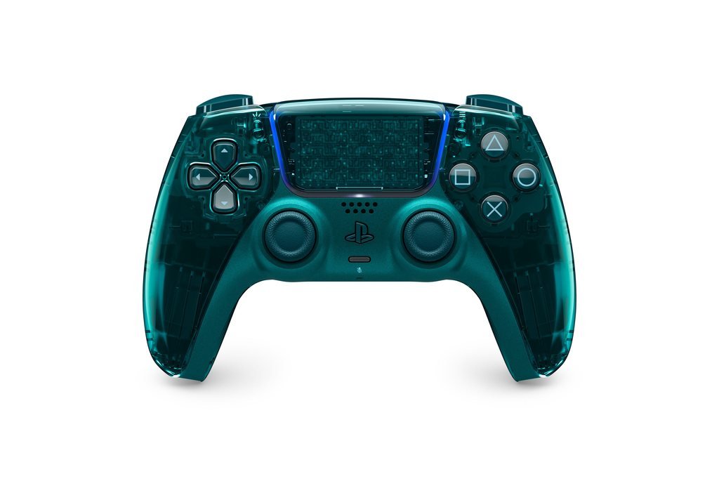 Emerald Green DualSense: 투명한 케이스로 일부 부품이 보입니다.