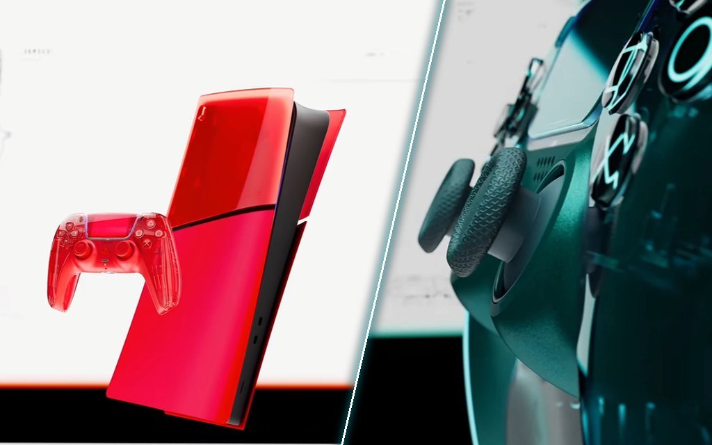왼쪽은 빨간색 투명 PS5 커버와 DualSense, 오른쪽은 옆에서 본 컨트롤러(PlayStation 공식 영상 캡처).